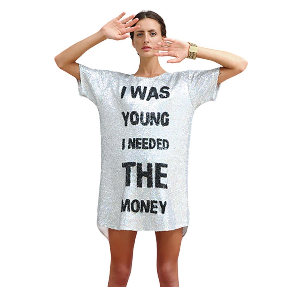 House of Mua Mua • I Was Young I Needed The Money sequined maxi tee shirt dress